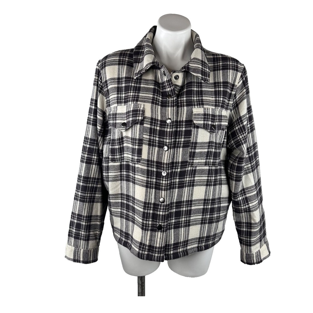 Lucky Brand Black White Plaid Sherpa Lined Flannel Snap Shacket Womens Large